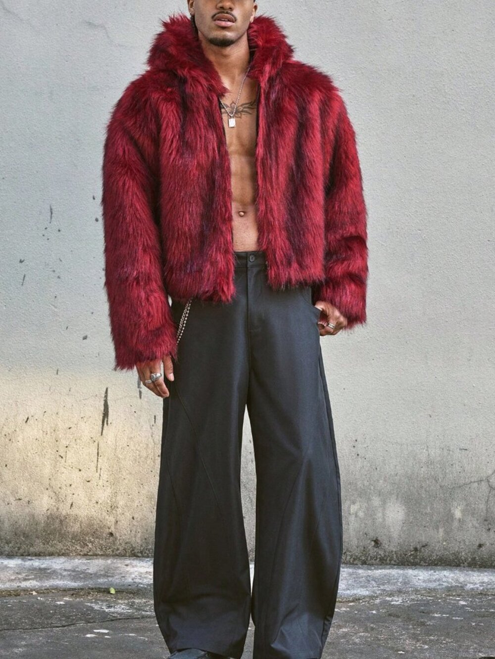 Burgundy Avant-Garde Men's Graphic Hooded Fuzzy Long Sleeve Casual Shirt - Picture 5 of 7